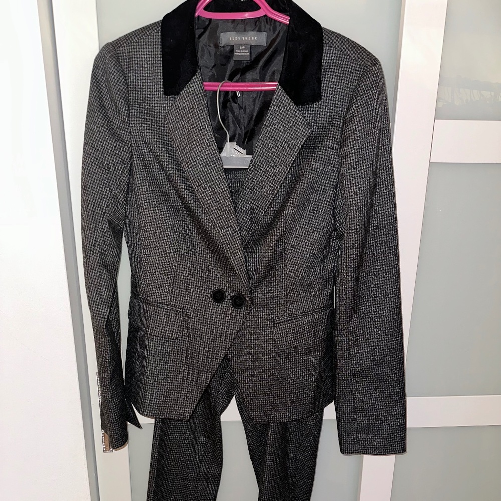 Grey and Black Blazer and Pants Set